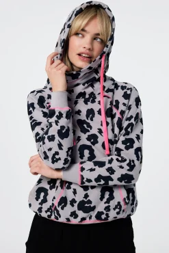 Women Scamp & Dude Stone Grey with Black Leopard Cowl Neck Hoodie