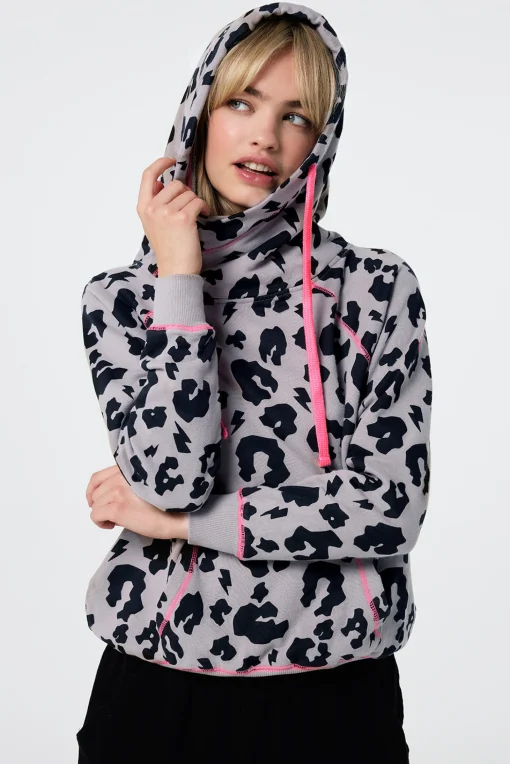 Women Scamp & Dude Stone Grey with Black Leopard Cowl Neck Hoodie