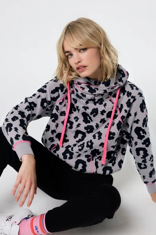 Women Scamp & Dude Stone Grey with Black Leopard Cowl Neck Hoodie