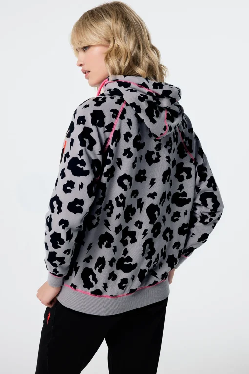 Women Scamp & Dude Stone Grey with Black Leopard Cowl Neck Hoodie