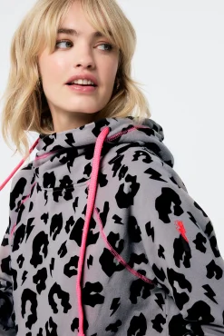 Women Scamp & Dude Stone Grey with Black Leopard Cowl Neck Hoodie