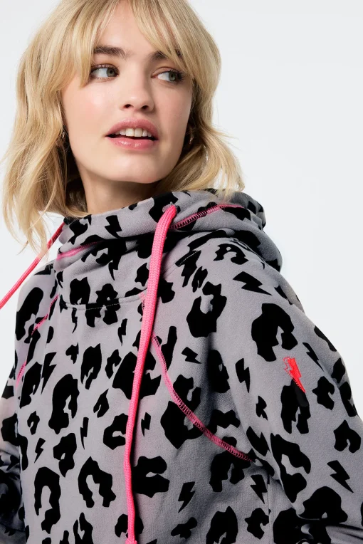Women Scamp & Dude Stone Grey with Black Leopard Cowl Neck Hoodie