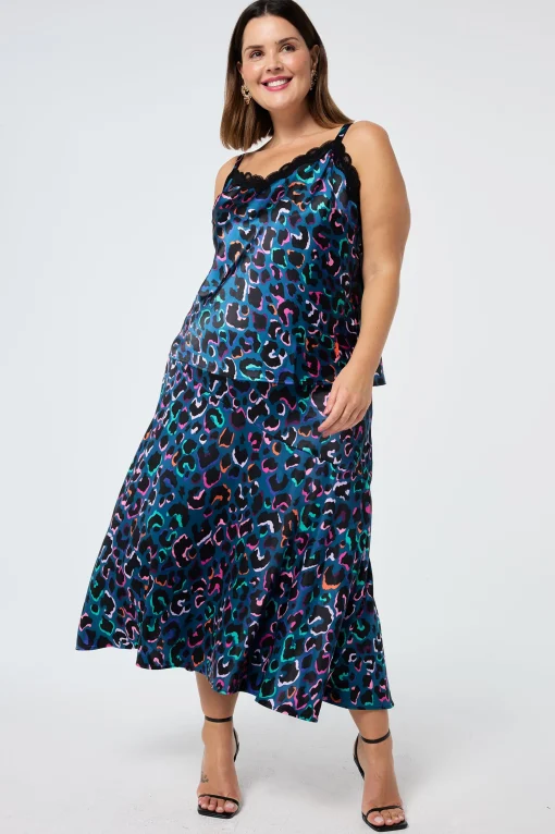 Women Scamp & Dude Teal with Rainbow Shadow Leopard Satin High Low Hem Skirt
