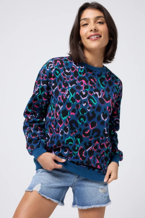 Women Scamp & Dude Teal with Rainbow Shadow Leopard Oversized Sweatshirt