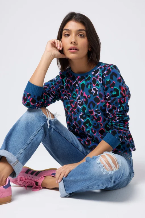 Women Scamp & Dude Teal with Rainbow Shadow Leopard Classic Sweatshirt