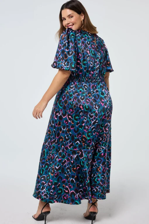 Women Scamp & Dude Teal with Rainbow Shadow Leopard Puff Sleeve Midi Dress