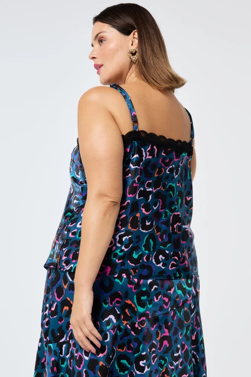Women Scamp & Dude Teal with Rainbow Shadow Leopard Lace Trim Satin Cami Top