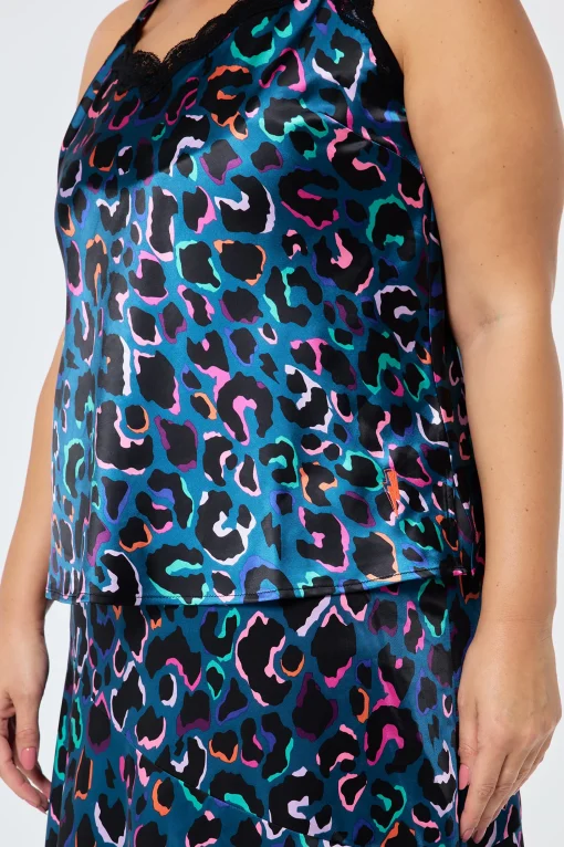 Women Scamp & Dude Teal with Rainbow Shadow Leopard Lace Trim Satin Cami Top