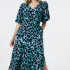 Women Scamp & Dude Turquoise with Black and Blue Shadow Leopard Puff Sleeve Midi Tea Dress