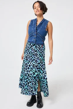 Women Scamp & Dude Turquoise with Black and Blue Shadow Leopard Split Front Skirt