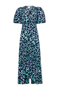 Women Scamp & Dude Turquoise with Black and Blue Shadow Leopard Puff Sleeve Midi Tea Dress