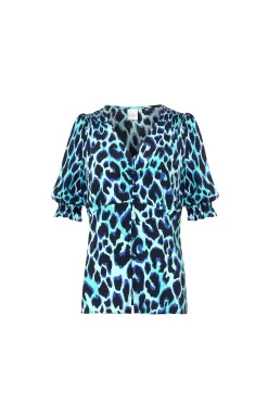 Women Scamp & Dude Turquoise with Black and Blue Shadow Leopard Button Through Blouse
