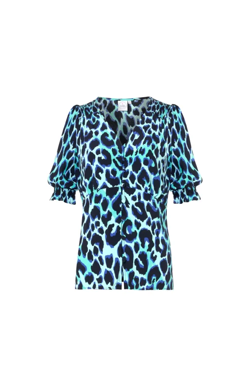 Women Scamp & Dude Turquoise with Black and Blue Shadow Leopard Button Through Blouse