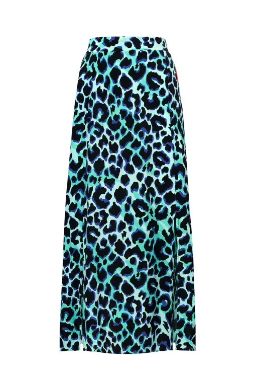 Women Scamp & Dude Turquoise with Black and Blue Shadow Leopard Split Front Skirt