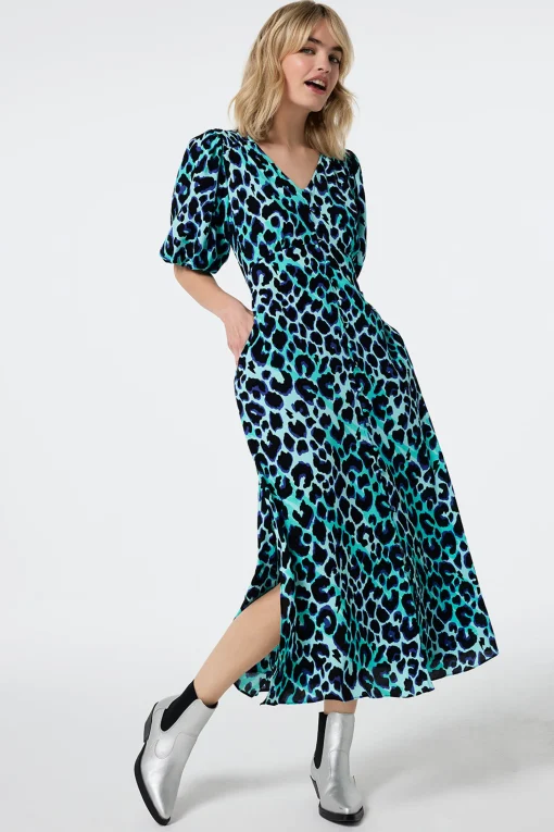 Women Scamp & Dude Turquoise with Black and Blue Shadow Leopard Puff Sleeve Midi Tea Dress