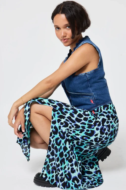 Women Scamp & Dude Turquoise with Black and Blue Shadow Leopard Split Front Skirt