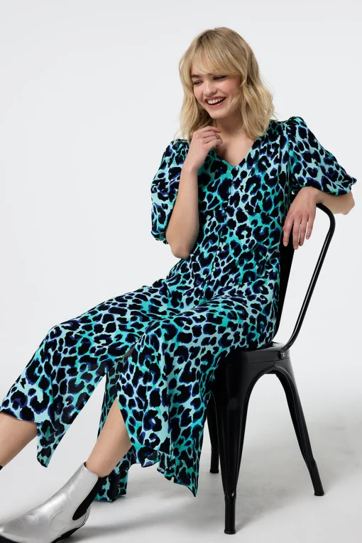 Women Scamp & Dude Turquoise with Black and Blue Shadow Leopard Puff Sleeve Midi Tea Dress