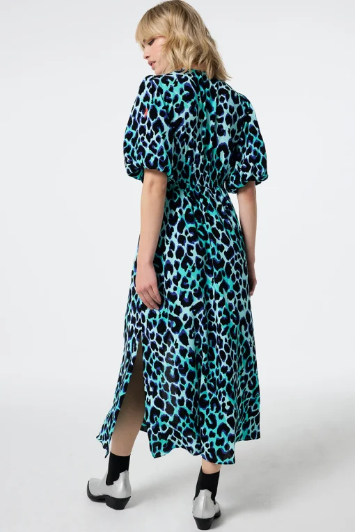 Women Scamp & Dude Turquoise with Black and Blue Shadow Leopard Puff Sleeve Midi Tea Dress