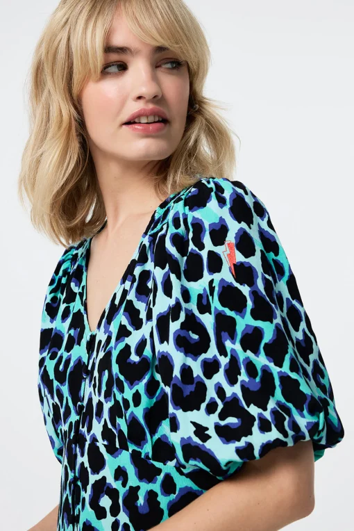 Women Scamp & Dude Turquoise with Black and Blue Shadow Leopard Puff Sleeve Midi Tea Dress