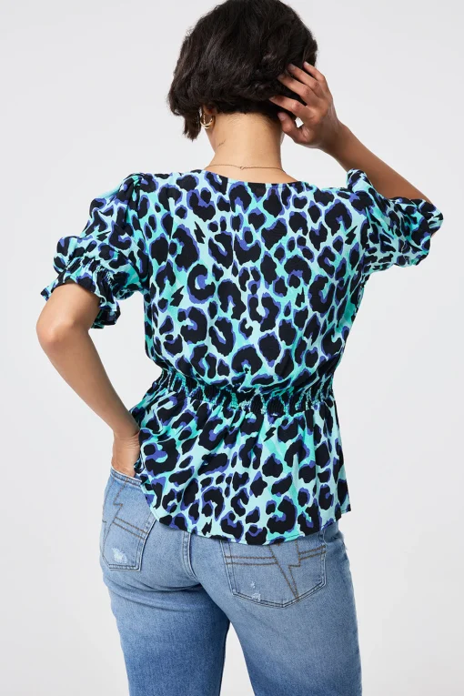 Women Scamp & Dude Turquoise with Black and Blue Shadow Leopard Button Through Blouse