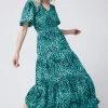 Women Scamp & Dude Turquoise with Black Leopard Puff Sleeve Maxi Dress