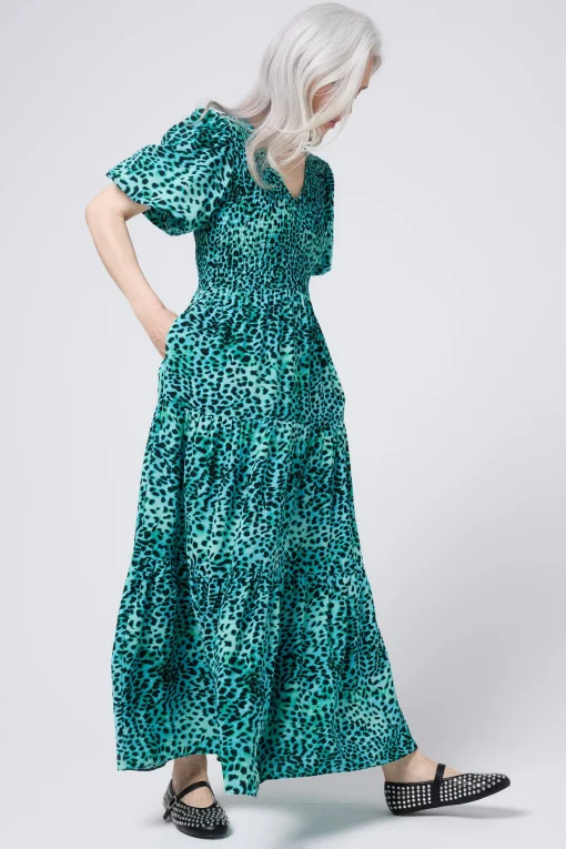 Women Scamp & Dude Turquoise with Black Leopard Puff Sleeve Maxi Dress