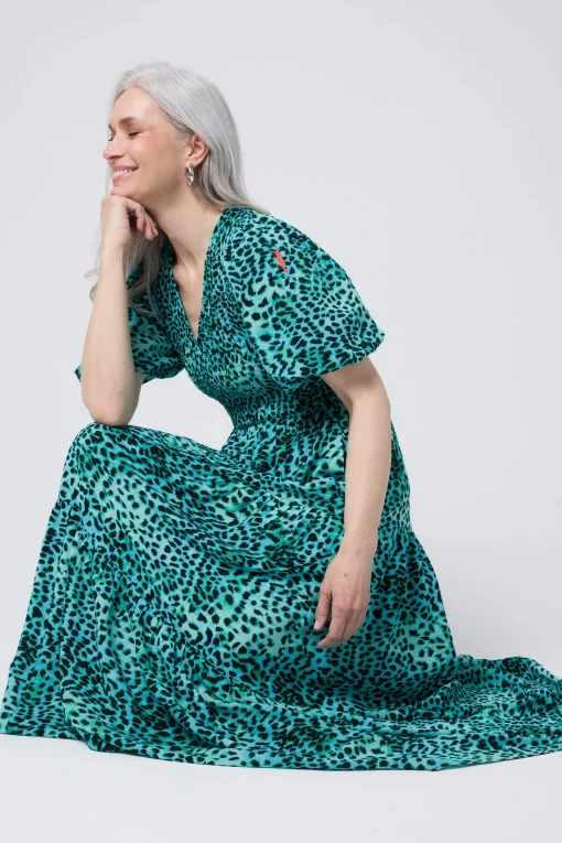 Women Scamp & Dude Turquoise with Black Leopard Puff Sleeve Maxi Dress