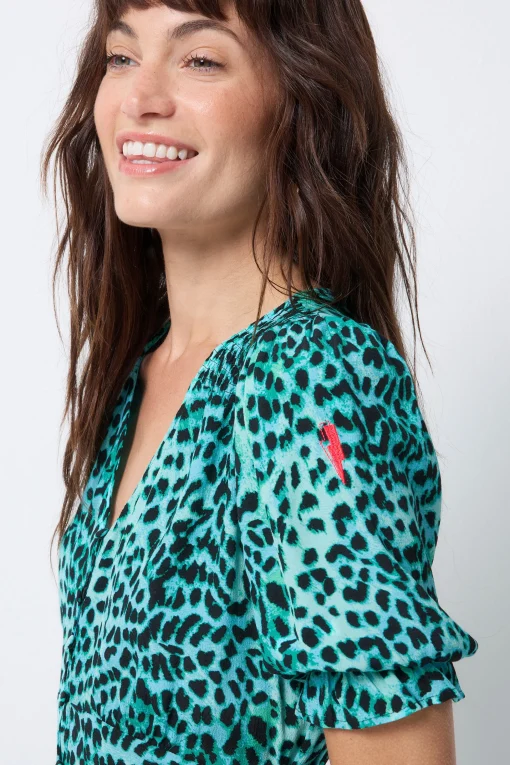 Women Scamp & Dude Turquoise with Black Leopard Flute Sleeve Midi Tea Dress
