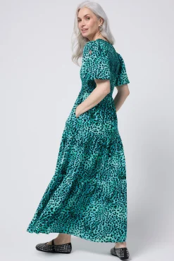 Women Scamp & Dude Turquoise with Black Leopard Puff Sleeve Maxi Dress