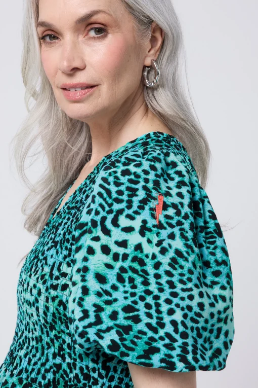 Women Scamp & Dude Turquoise with Black Leopard Puff Sleeve Maxi Dress