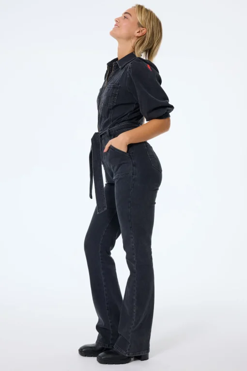 Women Scamp & Dude Washed Black Denim Flared Leg Jumpsuit