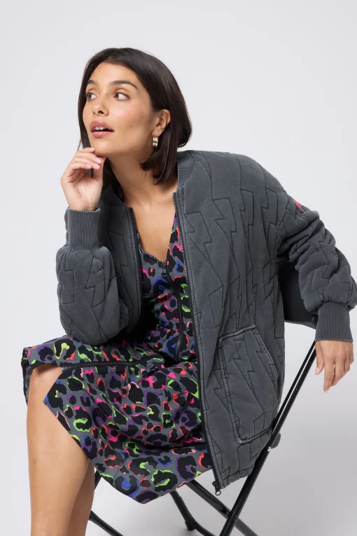 Women Scamp & Dude Washed Black Organic Cotton Quilted Lightning Bolt Oversized Bomber Jacket