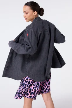 Women Scamp & Dude Washed Black Oversized Denim Shirt