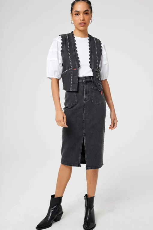Women Scamp & Dude Washed Black Studded Denim Scallop Waistcoat