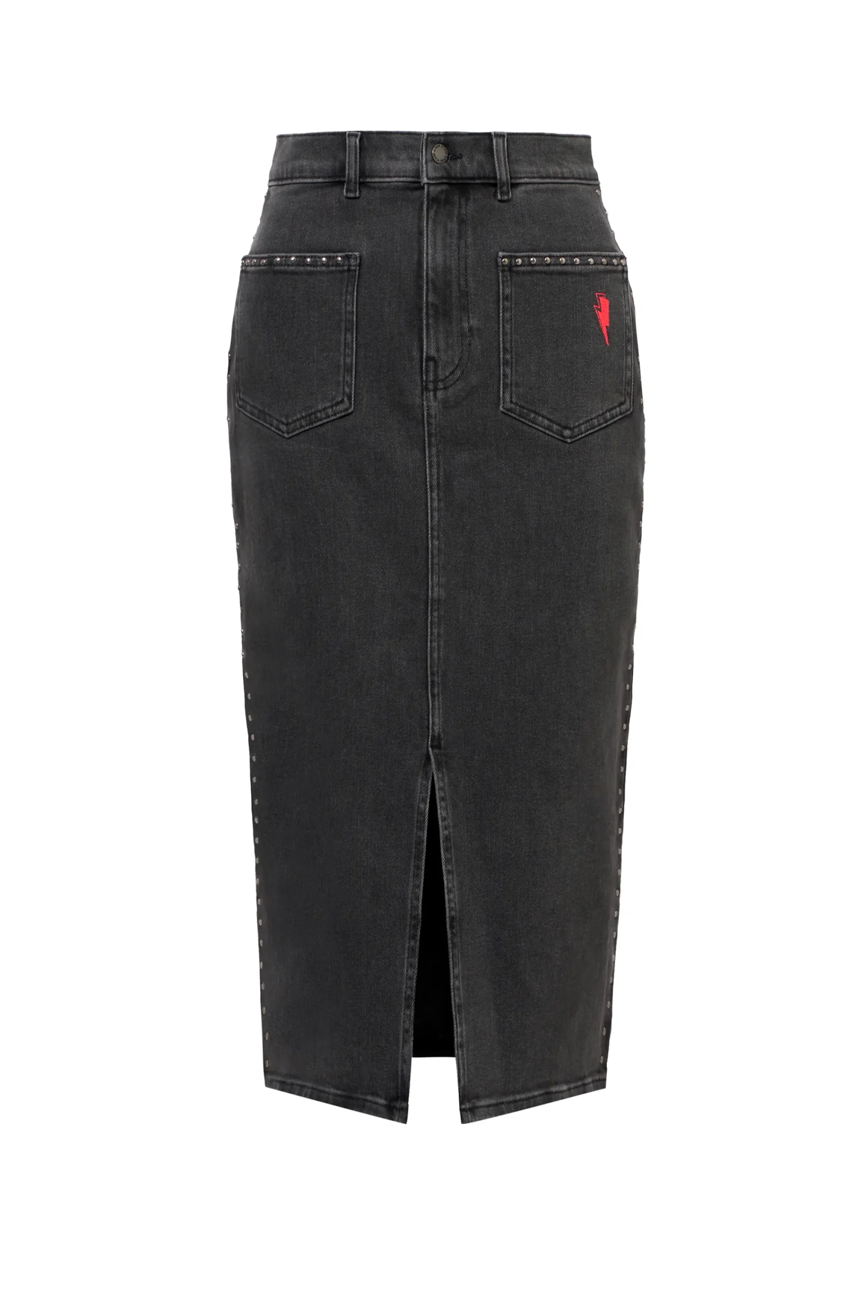 Women Scamp & Dude Washed Black Studded Denim Split Front Midi Skirt