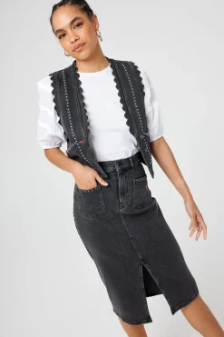 Women Scamp & Dude Washed Black Studded Denim Scallop Waistcoat