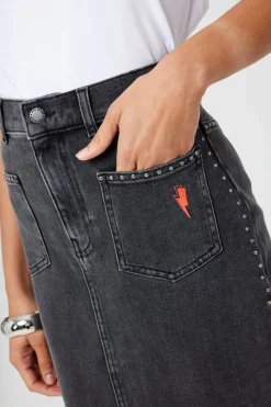 Women Scamp & Dude Washed Black Studded Denim Split Front Midi Skirt