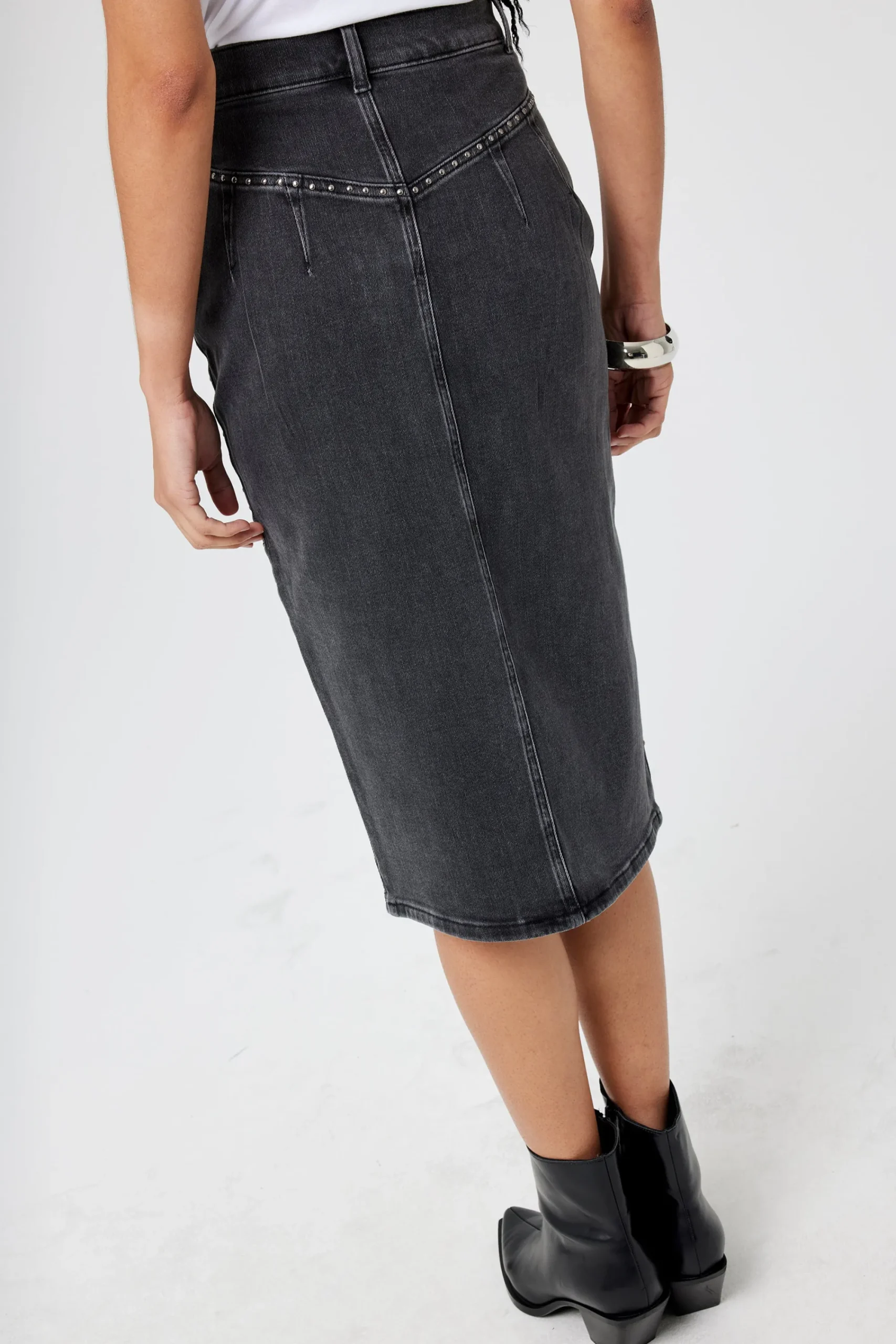 Women Scamp & Dude Washed Black Studded Denim Split Front Midi Skirt