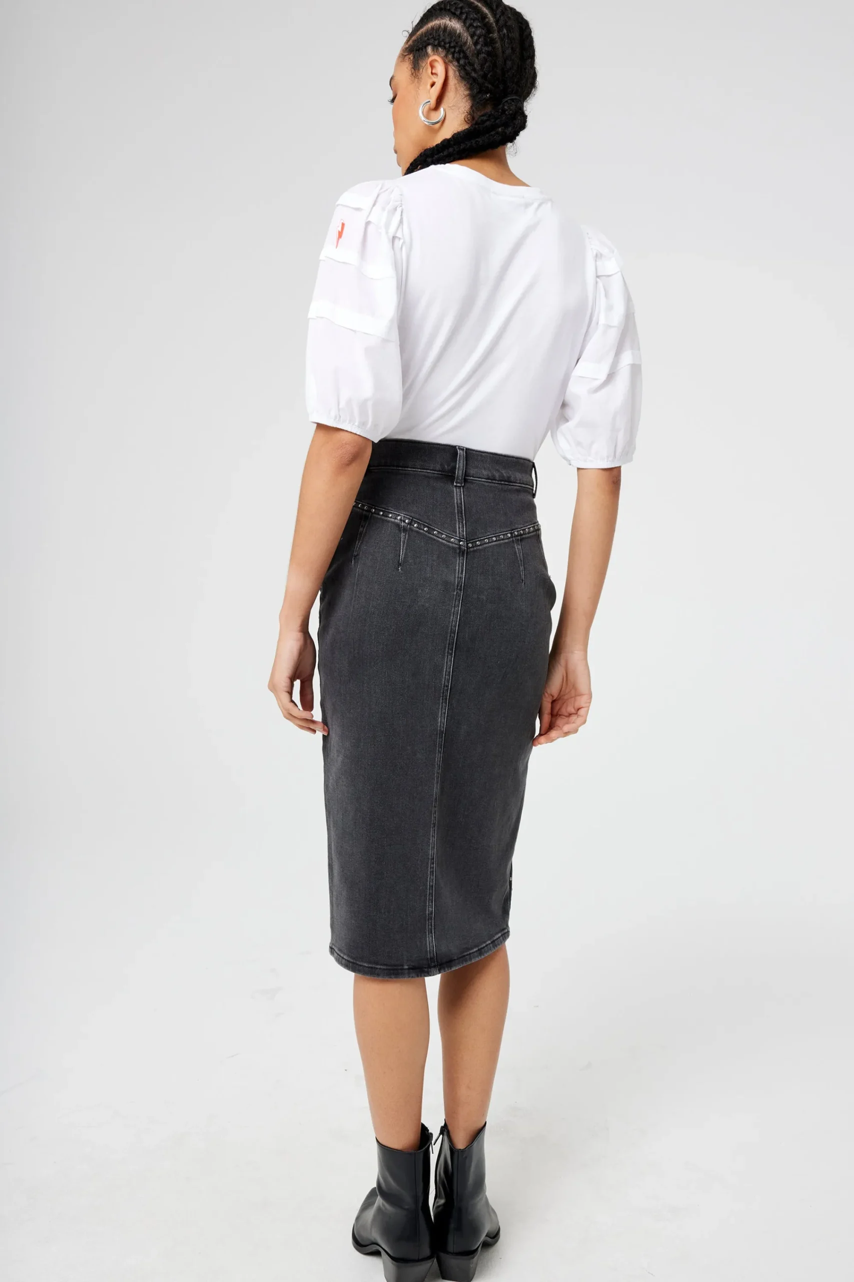 Women Scamp & Dude Washed Black Studded Denim Split Front Midi Skirt