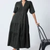 Women Scamp & Dude Washed Black Studded Zip Detail Tiered Midi Denim Dress