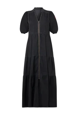 Women Scamp & Dude Washed Black Studded Zip Detail Tiered Midi Denim Dress
