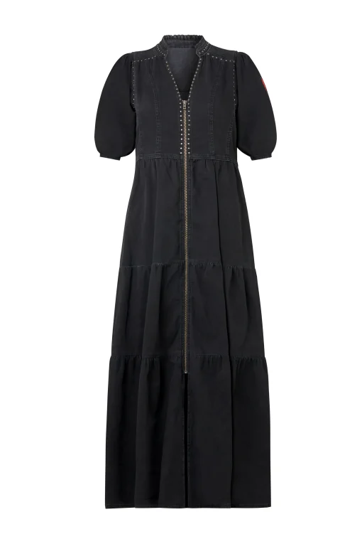Women Scamp & Dude Washed Black Studded Zip Detail Tiered Midi Denim Dress