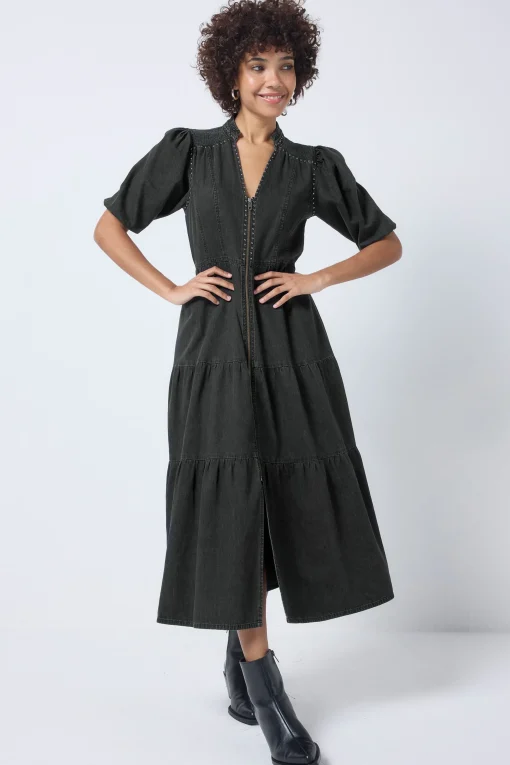 Women Scamp & Dude Washed Black Studded Zip Detail Tiered Midi Denim Dress