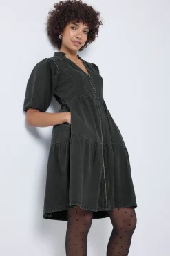 Women Scamp & Dude Washed Black Studded Zip Detail Tiered Short Denim Dress