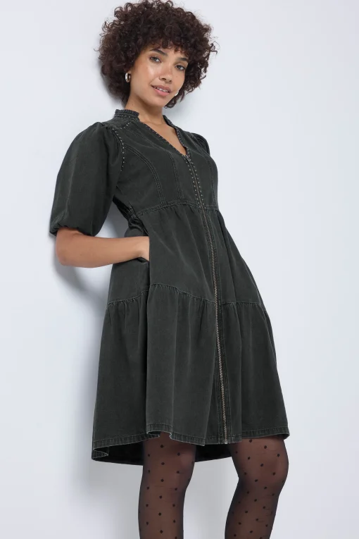 Women Scamp & Dude Washed Black Studded Zip Detail Tiered Short Denim Dress