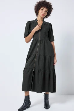 Women Scamp & Dude Washed Black Studded Zip Detail Tiered Midi Denim Dress