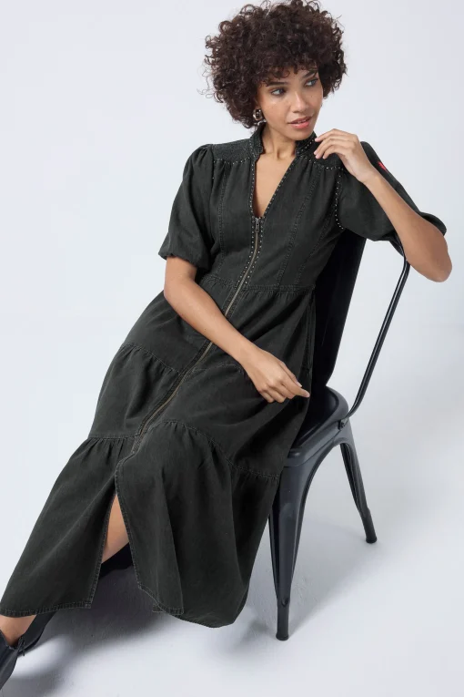 Women Scamp & Dude Washed Black Studded Zip Detail Tiered Midi Denim Dress