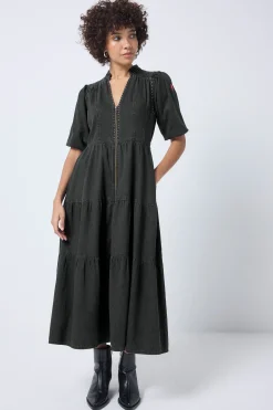 Women Scamp & Dude Washed Black Studded Zip Detail Tiered Midi Denim Dress