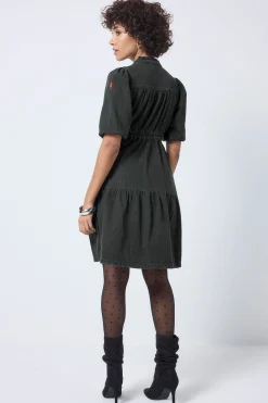 Women Scamp & Dude Washed Black Studded Zip Detail Tiered Short Denim Dress