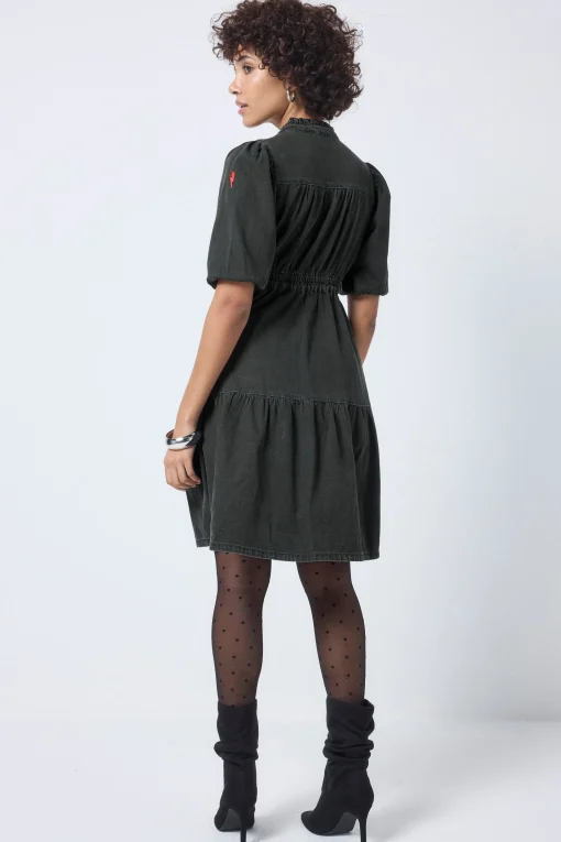 Women Scamp & Dude Washed Black Studded Zip Detail Tiered Short Denim Dress